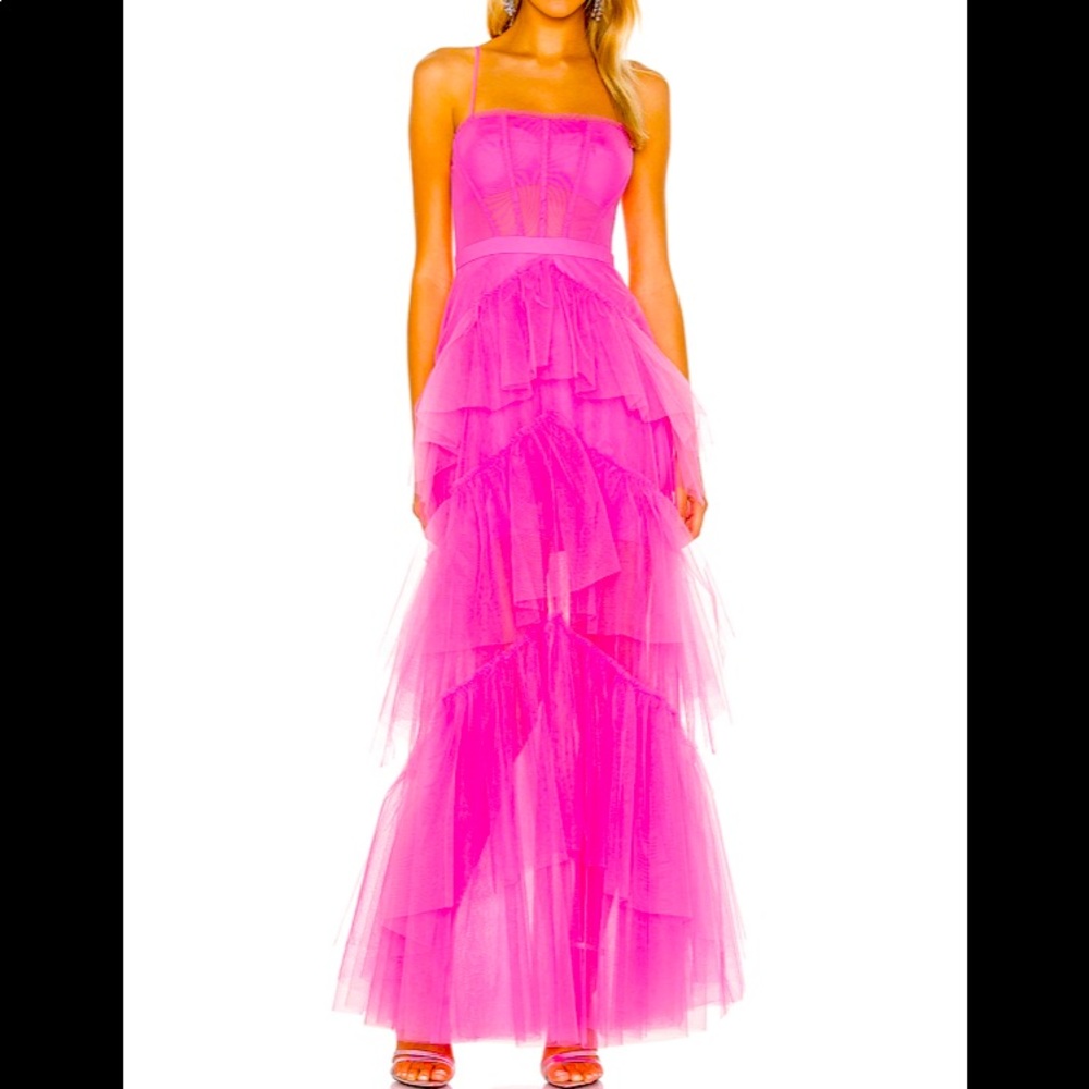 Hot pink corset tulle gown.